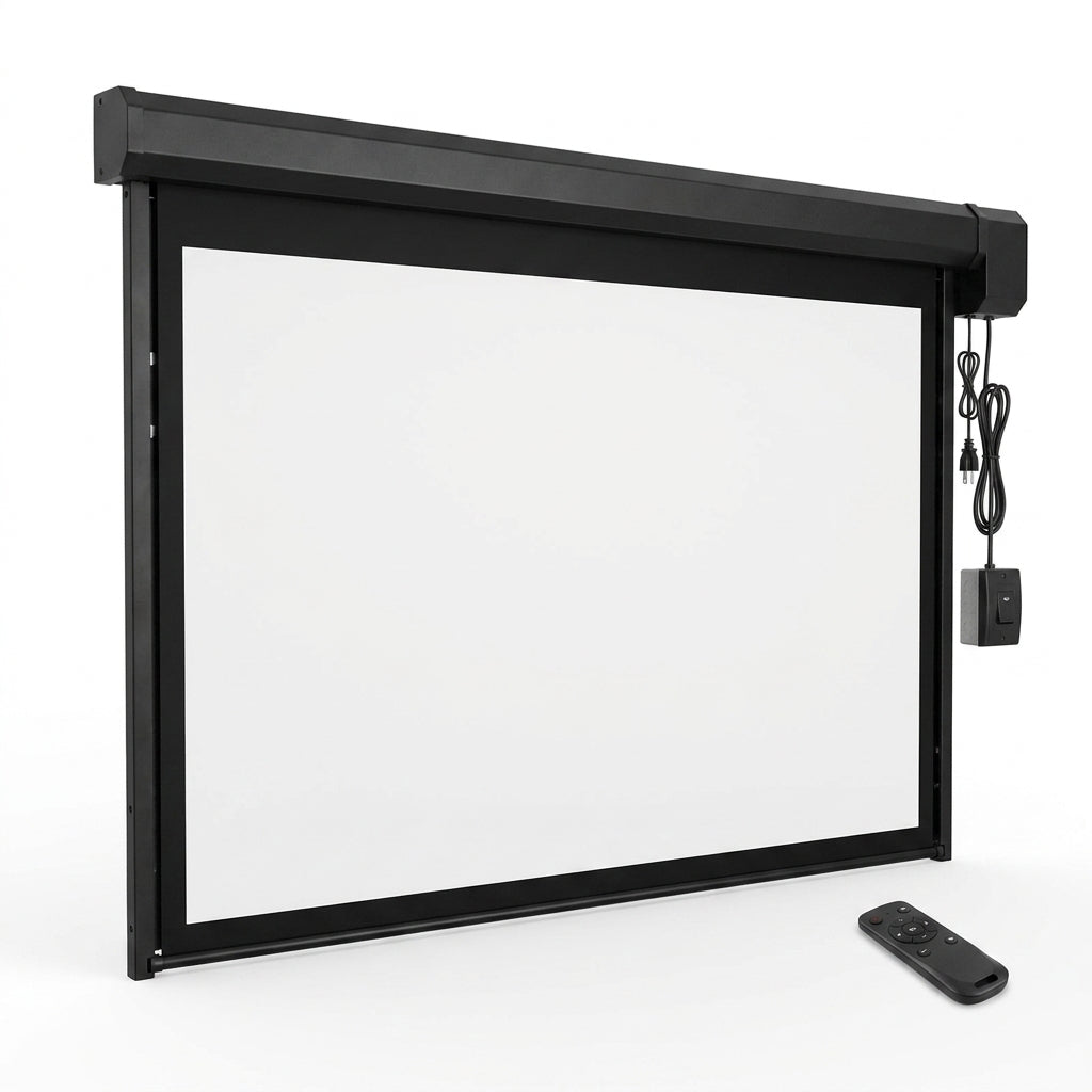 120 in Projector Screen Motorized Electric Projector Screen Black | 4:3 HD Pull down Projector Screen Automatic with Remote, Black Retractable Movie Screens Wall Mount Ceiling Outdoor Indoor — Studio Shot