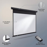 120 in Projector Screen Motorized Electric Projector Screen Black | 4:3 HD Pull down Projector Screen Automatic with Remote, Black Retractable Movie Screens Wall Mount Ceiling Outdoor Indoor — infographic