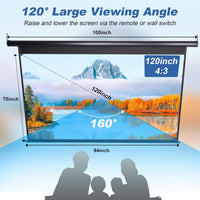 120 in Projector Screen Motorized Electric Projector Screen Black | 4:3 HD Pull down Projector Screen Automatic with Remote, Black Retractable Movie Screens Wall Mount Ceiling Outdoor Indoor