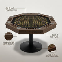 Poker Table Built for Professional Gaming, Solid Oak Construction, 8 Station Design, Mocha Finish — infographic