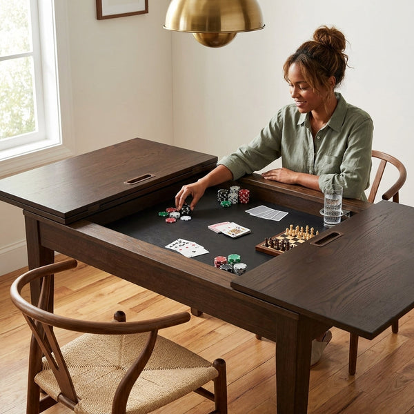 Gaming Poker Table Built for Versatile Use, Solid Oak Wood, 4-6 Players, Removable Tops, 6 Cup Holders