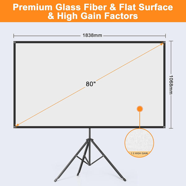 Projector Screen with Stand, 80 Inch Portable Projector Screen Outdoor Indoor, 1.2 Gain Fiberglass Projection Screen, 16:9 Outdoor Movie PVC Screen with Carrying Bag for Movie Night(White Screen)